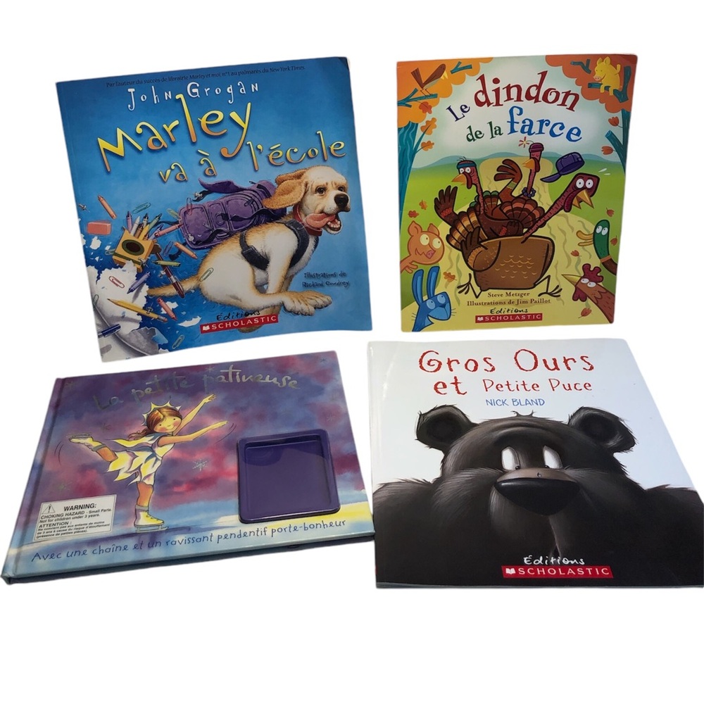 4 Assorted French Books , great read alouds Marley, Gros Ours, Patineuse, Dindon